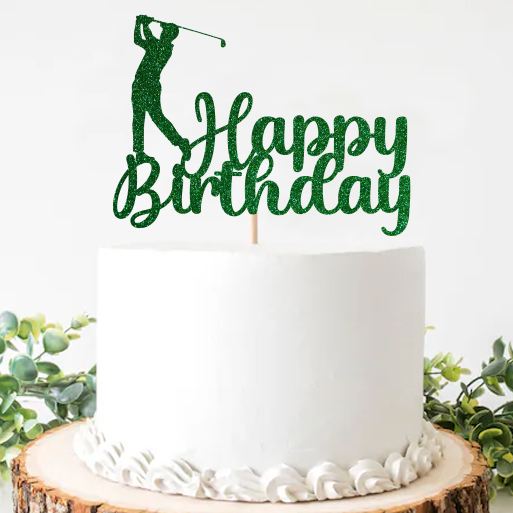 Golf Happy Birthday Green Glittering Cake Pick Topper